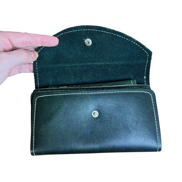 VTG 70s Leather Folding Wallet Suede Checkbook Top Grain Cowhide Green USA Made - Picture 5 of 11